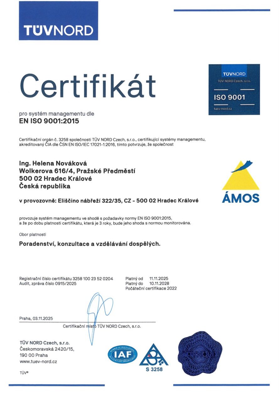 Certifikát ISO 9001 pro Helena Nováková 2028