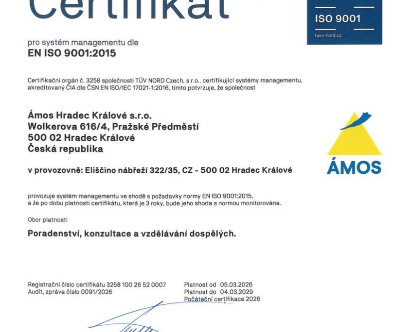 Certifikát ISO 9001 pro Ámos Hradec Králové s.r.o. 2029