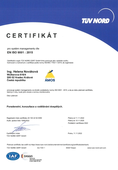 Certifikát ISO 9001 pro Helena Nováková